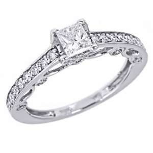 14k White Gold Natural Princess Cut Diamond Engagement Ring Filigree 