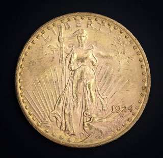 Featured is a 1924 St Gaudens Double Eagle Twenty Dollar Gold Coin 