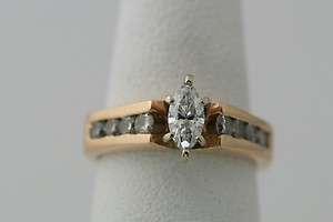 14K Yellow Gold 2/3 Carat Marquise Diamond Solitaire w/ Accents Ring 