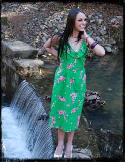 Vintage 70s Lil Green Malia Floral Ruffle Sun Dress  