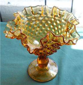 AMBER CARNIVAL GLASS HOBNAIL RUFFLED OPEN CANDY DISH  