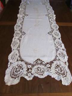 Antique Handmade Lace Bobbin Needlelace Linen Tablecloth Large Runner 