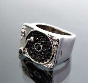 Vintage st Silver Tone Black Crystal Record Player Ring  