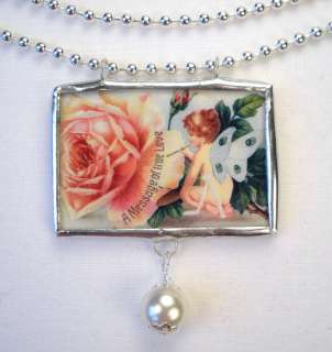 FAIRY LOVE GREETING PEARL VINTAGE ART POSTCARD NECKLACE  