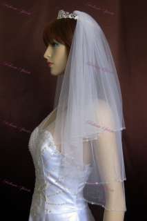2T White Crystal Hand Beaded Elbow Wedding Bridal Veil  