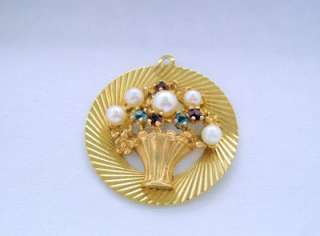 Vintage Pin Brooch 14K Gold Basket Pearls & Gemstones  