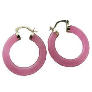    Pink Jade Large Traditional Hoop Earrings, 14k Gold Jewelry