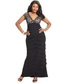   Plus Size Dress Cap Sleeve Lace Overlay Tiered Pleated Evening Gown