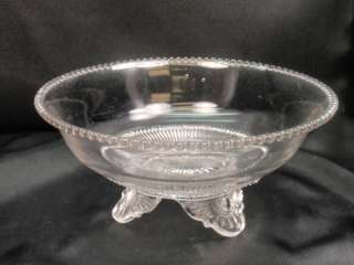 Vintage Clear Glass Footed Bowl w/ Beaded Rim Starburst   FREE SHIP 