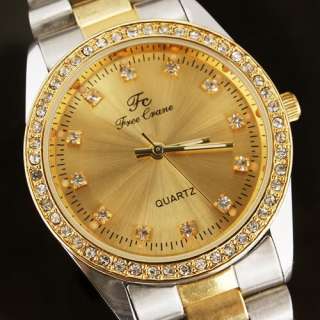 Fashion Men Gold Dial Quartz Crystal Steel Wrist Watch  