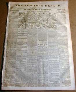 1862 Civil War newspaper Lg Map MISSISSIPPI & TENNESSEE Grant 