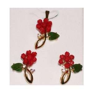  Red Coral Tulip Shaped Jade Leaf Pendant and Earring Set 
