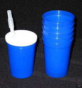 12  BLUE PLASTIC DRINKING GLASSES LIDS STRAWS CUPS  