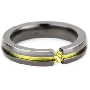  Womens Black Titanium Round Cut Yellow Sapphire Ring with 