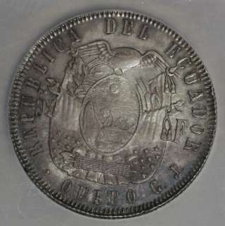 Offered is a very rare Ecuador 5 francos from the Quito mint NCS (NGC 