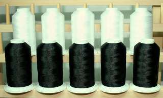 NEW 10 BLK / WHT CONES POLY MACHINE EMBROIDERY THREADS  