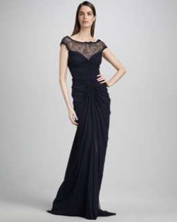 T4X6Y Tadash Shoji Cap Sleeve Lace Illusion Gown