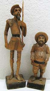 Pair Vintage Don Quixote Sancho Figurines Sculptures Hand carved Wood 