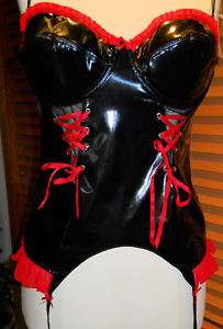 MORBID THREADS~ BLACK VINYL RED BUSTIER GARTERS 36C  