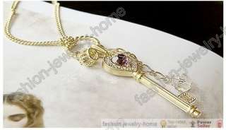   Clear Crystal Heart Key Crown Silver Gold Pendant Necklace  