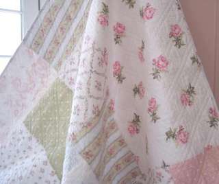 SHABBY BLUE COTTAGE PINK ROSES CHIC PATCHWORK QUILT  