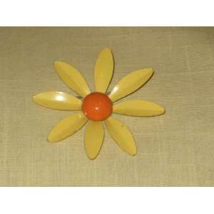   Flower Power Enamel Yellow w/ Orange 2 1/2 Inch Flower Pin Brooch