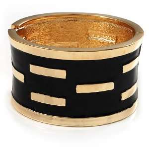    Gold Plated Wide Black Enamel Hinged Bangle Bracelet Jewelry