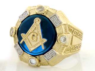 10K GOLD TWO TONE MENS SYNTHETIC SAPPHIRE MASONIC RING  