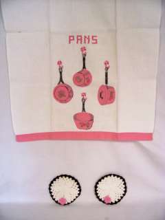 Linen Dish Towel, Pink & Black 1950s Pans, 2 Coasters  