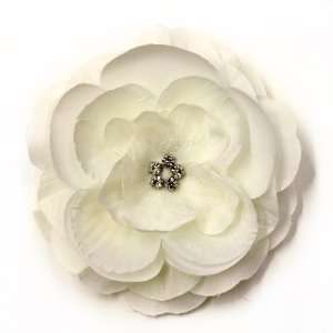   Rhinestone Ivory Fabric Flower Hat Hair Clip & Pin Brooch F10972