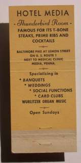 1950s Matchbook Thunderbird Room Organ Hotel Media PA  