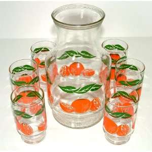  Vintage Matching Orange Juice Pitcher and Glasses 