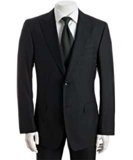 Zegna black striped wool silk 2 button Fit Rom suit with flat front 
