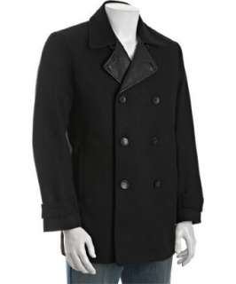Kenneth Cole New York black wool blend leather trimmed peacoat 