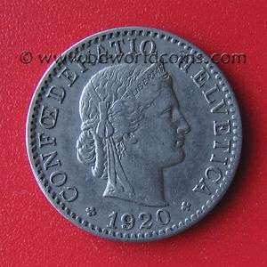 SWITZERLAND 1920 B 20 RAPPEN 21mm Nickel coin KM#29  
