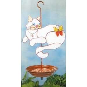   White Cat and Butterfly Stained Glass Bird Feeder Patio, Lawn