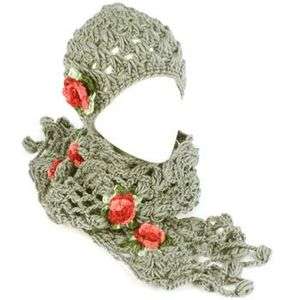   Set Crochet Flower Hand Knit Beanie Skull Ski Cap Hat with Scarf Gray