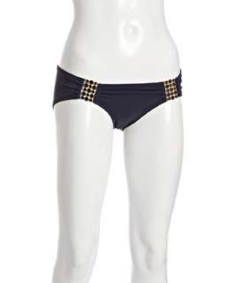 Robin Piccone navy enamel detail ruched hipster bikini bottom 