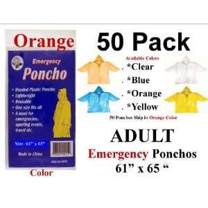  50 ORANGE ADULT EMERGENCY RAIN WEATHER PONCHOS WITH HOOD 