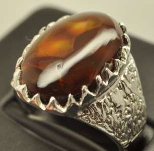   94 CT MEXICAN FIRE AGATE STERLING SILVER MENS RING, BIG GEM HEAVY RING