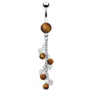 Surgical Steel Tiger Eye Precious Stone Prong Multi stone Dangle Belly 