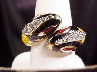 BIG VINTAGE 18K DOUBLE SNAKE RING, ENAMEL w/DIAMONDS Sz7  