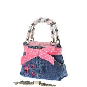  Small Denim Jeans Handbag w/ Flamingo Designs, a Pink Bow 