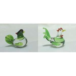   Crystal Figurines Hen & Rooster Set Green 