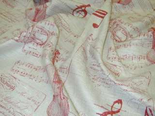 Vintage Music Script Red French Designer Linen Fabric  