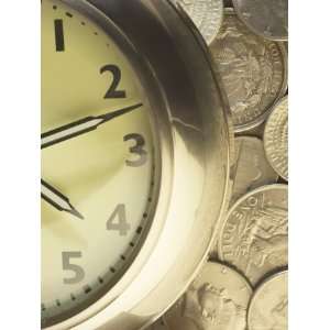 Silver Clock on Top of Pile of Silver American Coins Photographic 