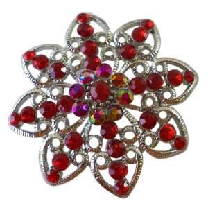   Large Red Gem Flower Pin With Netted Silver Setting (2 Inch) Jewelry