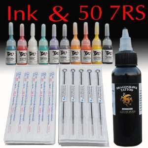 Tattoo Supplies 50 Needles 7RS 10 Color Ink(5ml/bottle) & 1 60ml black 
