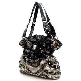 BLACK Flower & Zebra Print Handbag w/ Kisslock Closure  